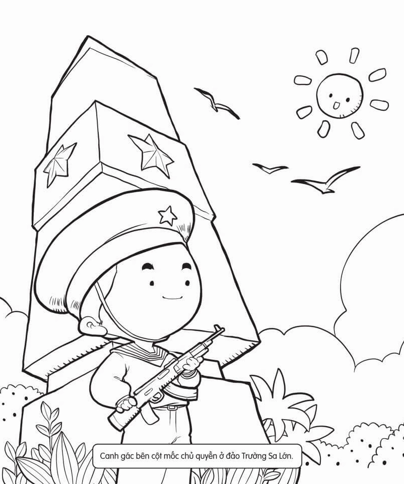 Bé tô màu quần áo chú bộ đội đứng gác ở cột mốc biên giới