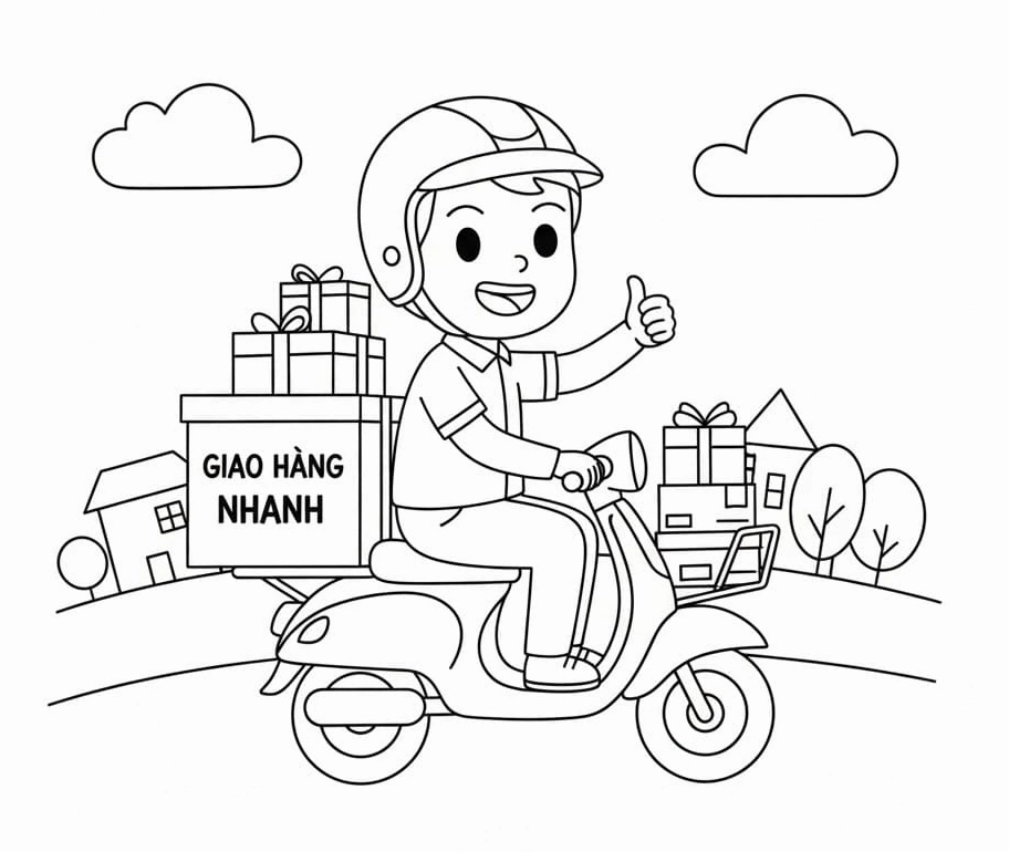 Bức tranh tô màu anh shipper thân thiện giao hàng