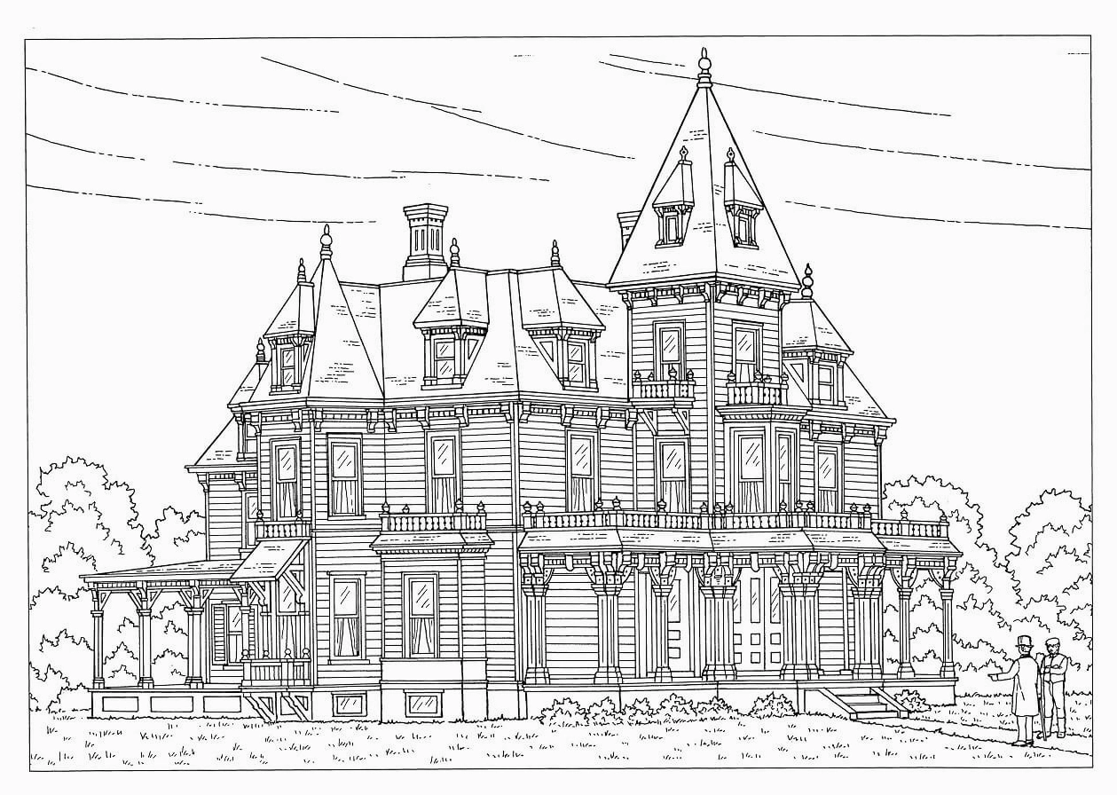 Bức tranh tô màu ngôi nhà biệt thự cổ kính trầm mặc uy nghi