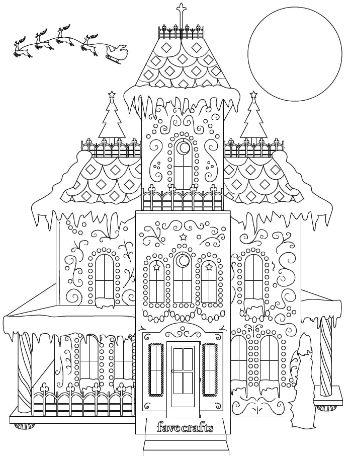 Bức tranh tô màu ngôi nhà biệt thự mùa đông phủ đầy tuyết trắng