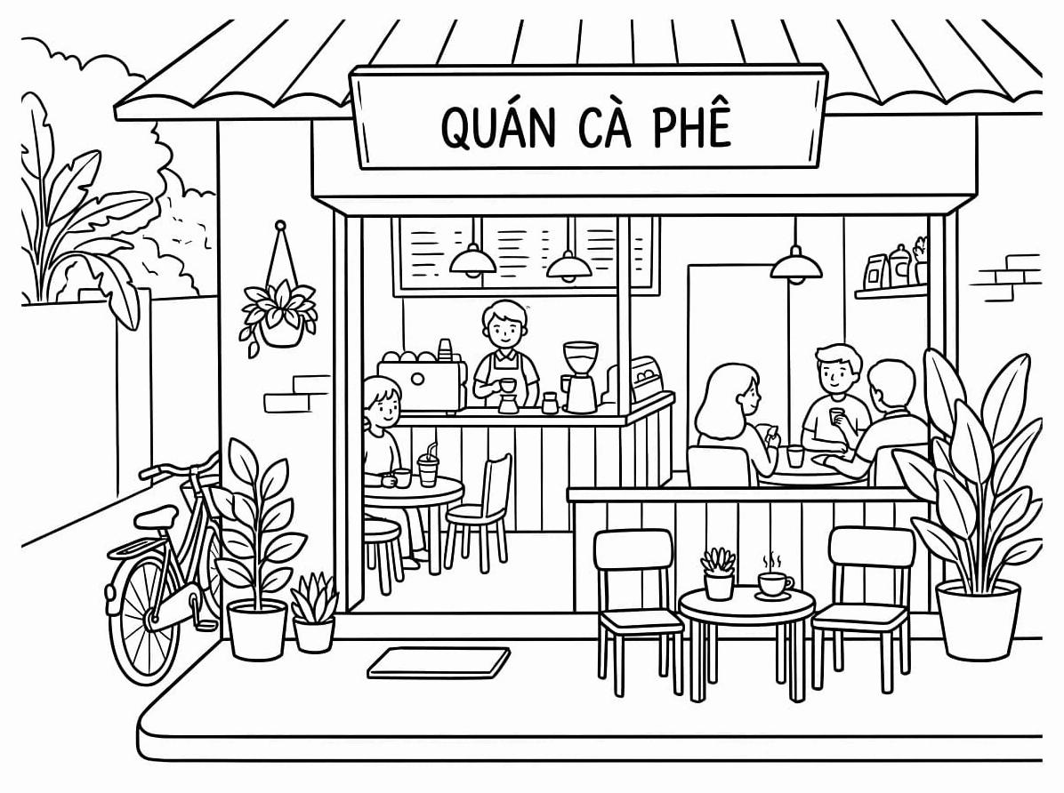 Bức tranh tô màu quán cà phê yên tĩnh