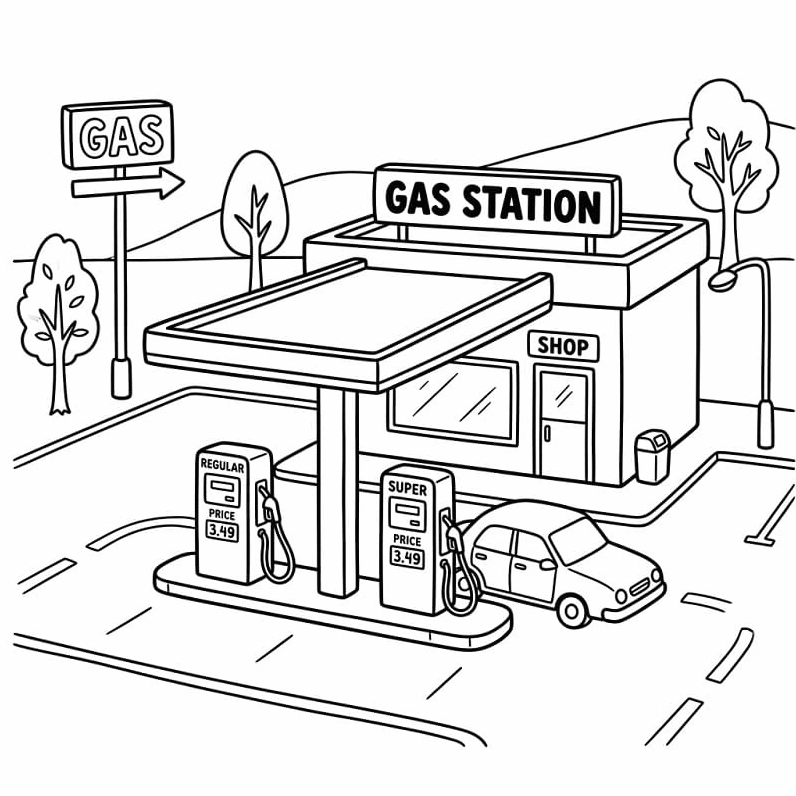 Bức tranh tô màu xe ô tô đang dừng đổ xăng