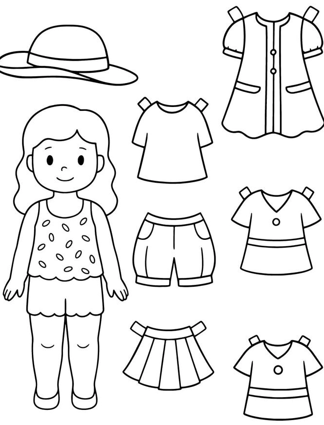 Búp bê giấy chưa tô màu với mái tóc dài chờ bé thiết kế trang phục