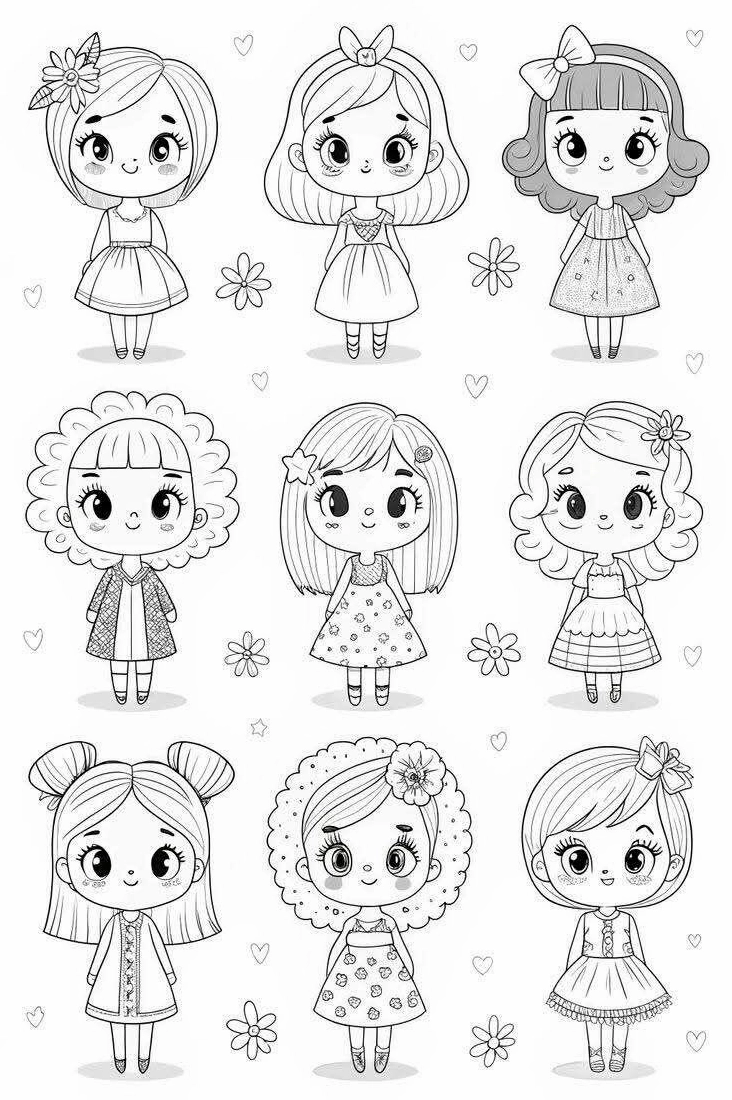 Búp bê giấy với tóc cột và các mẫu váy xòe chân váy cùng phụ kiện