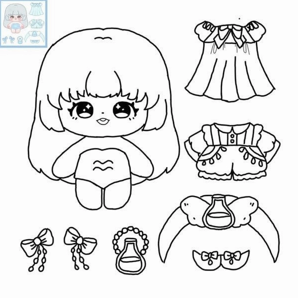 Búp bê giấy với trang phục họa tiết chấm bi đáng yêu sẵn sàng tô màu