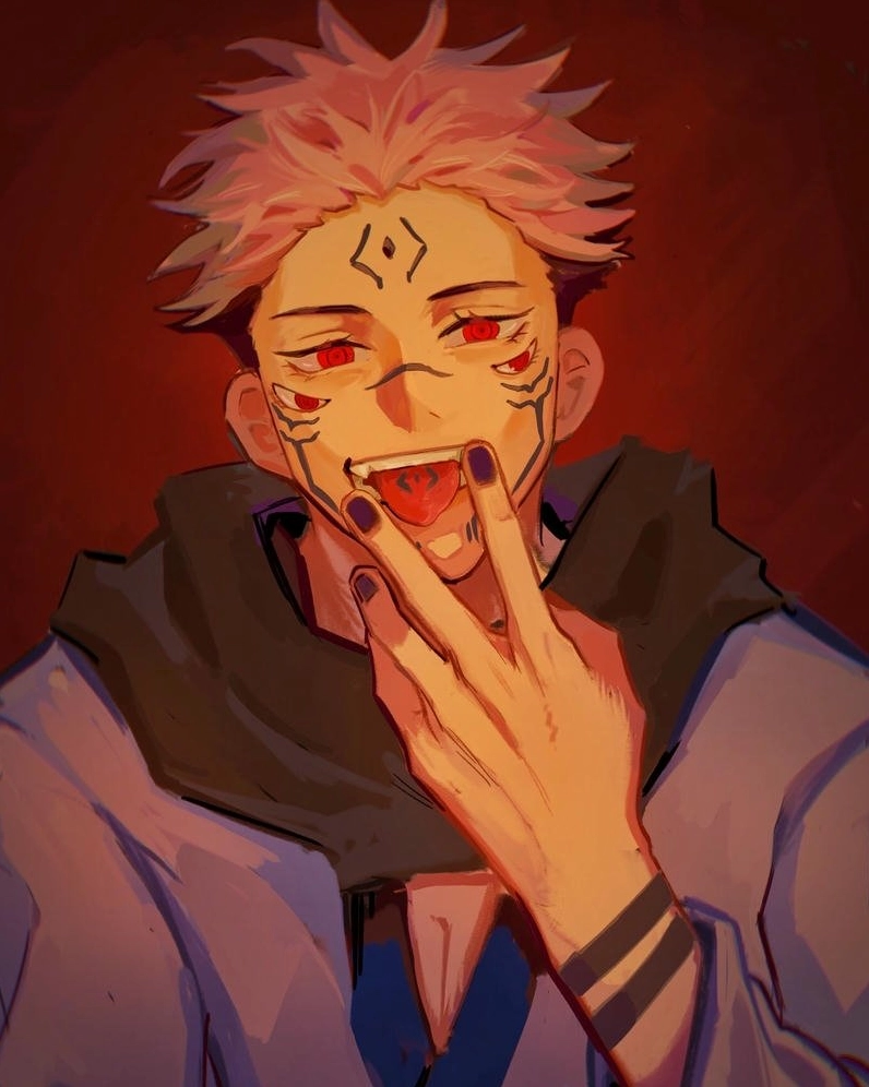 Fanart Sukuna mặc áo hoodie hiện đại đang ăn uống vui vẻ đời thường