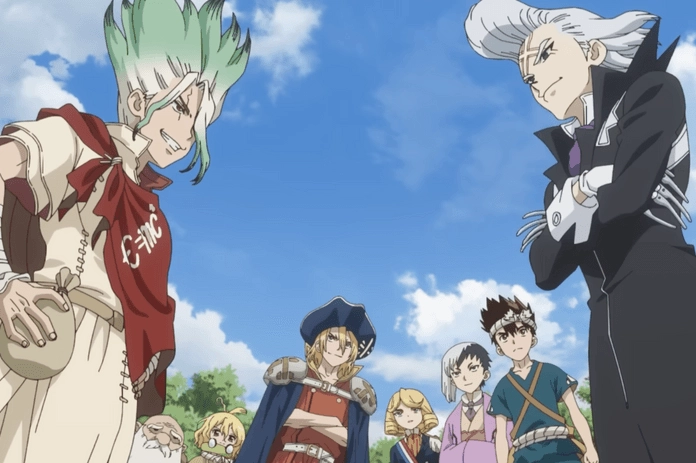 Hình ảnh anime Senku với biểu cảm khoa học đắc thắng trong Dr Stone Science Future