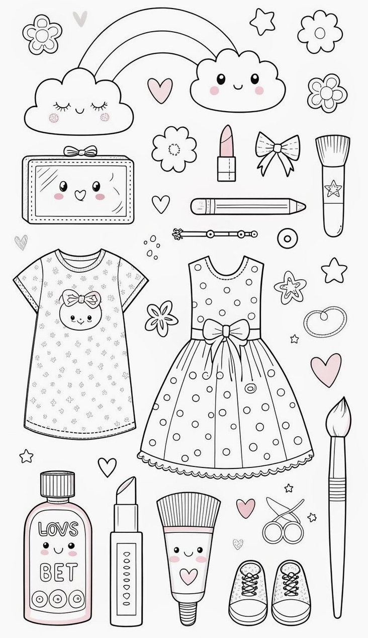 Hình ảnh búp bê giấy và nhiều bộ trang phục váy xòe áo kiểu chưa tô màu