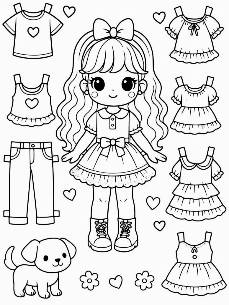 Hình ảnh một mẫu búp bê giấy và bộ sưu tập trang phục chưa tô màu