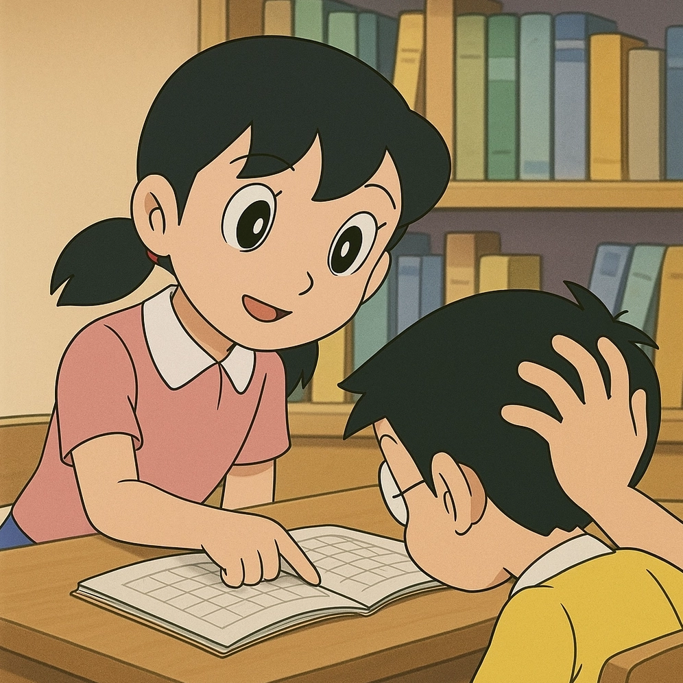 hình ảnh nobita và shizuka đang học