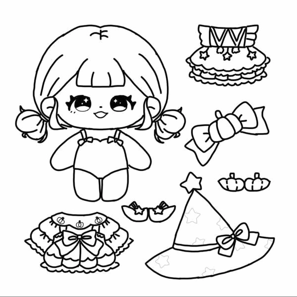 Hình ảnh tô màu búp bê mặc váy xòe rộng lý tưởng thử nghiệm đổ bóng