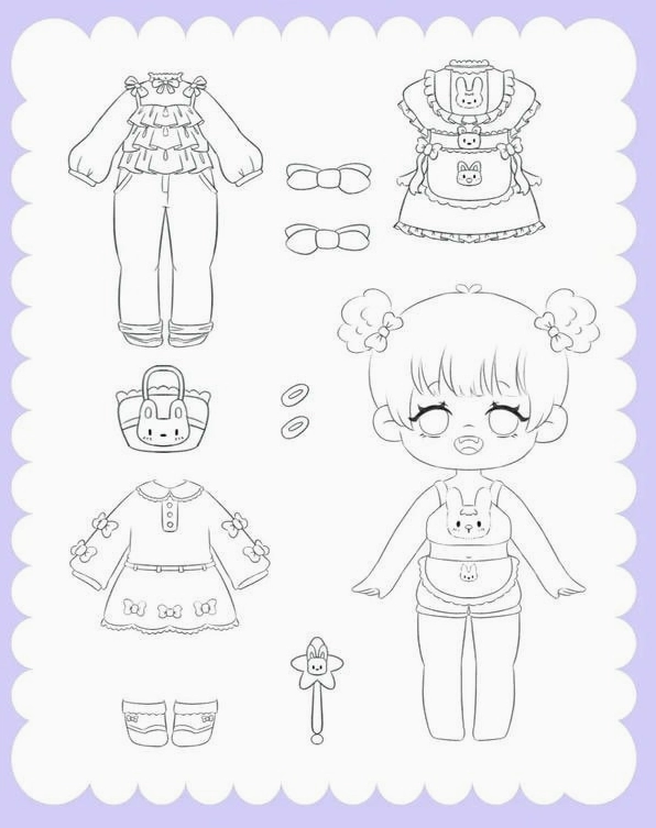 Hình ảnh tranh tô màu búp bê với trang phục mùa hè tươi sáng