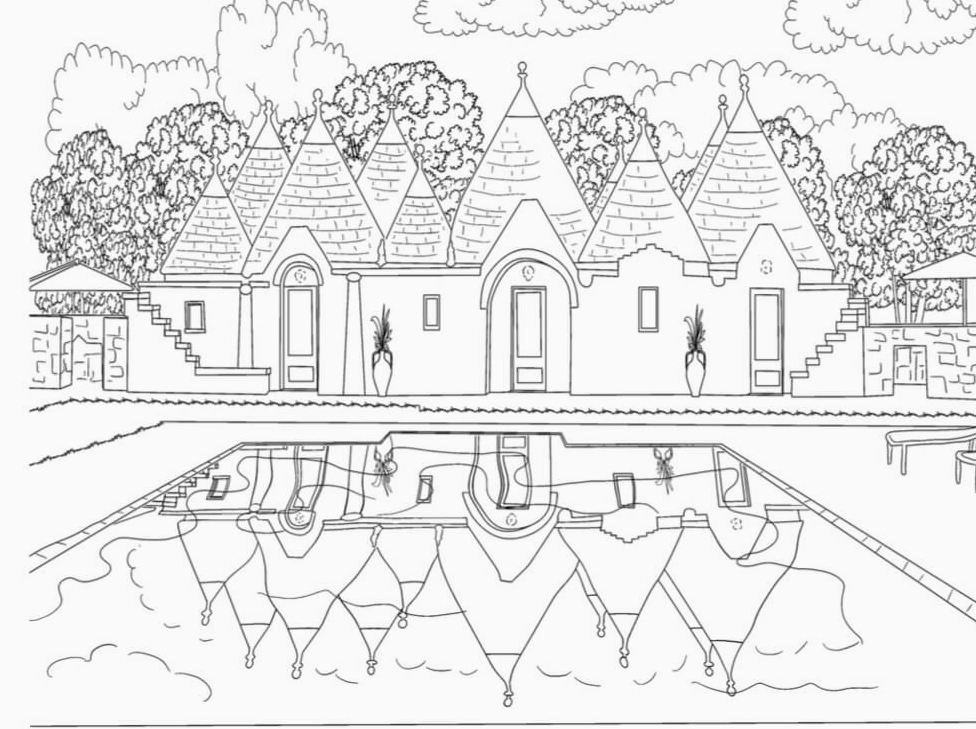 Hình ảnh tranh tô màu ngôi nhà biệt thự và hồ bơi sang trọng hiện đại