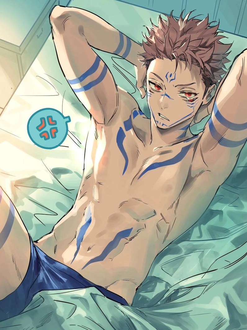 Hình nền Sukuna nằm thư giãn trên chiếc giường nệm êm ái quyến rũ