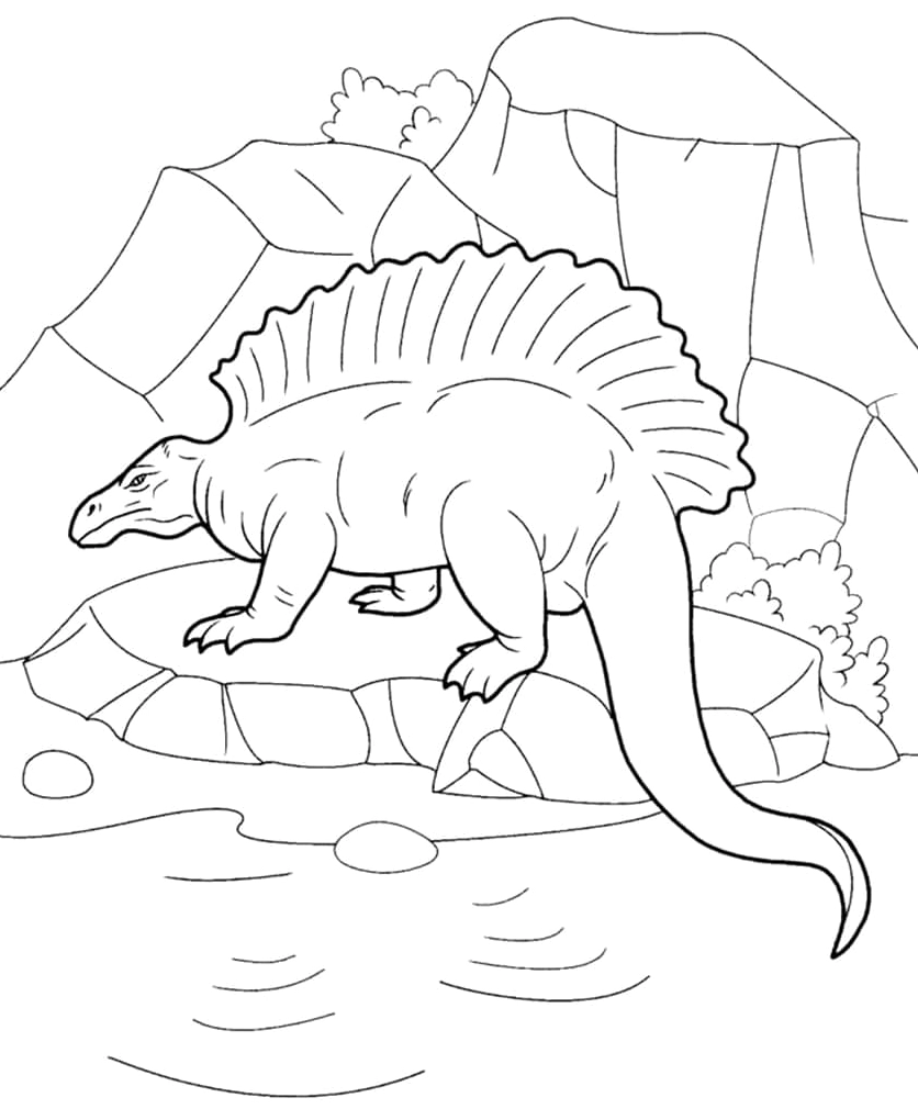 Hình tô màu khủng long đáng yêu trên tảng đá