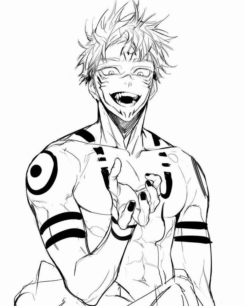 Hình vẽ Sukuna đen trắng cười lớn điên dại vô cùng đáng sợ