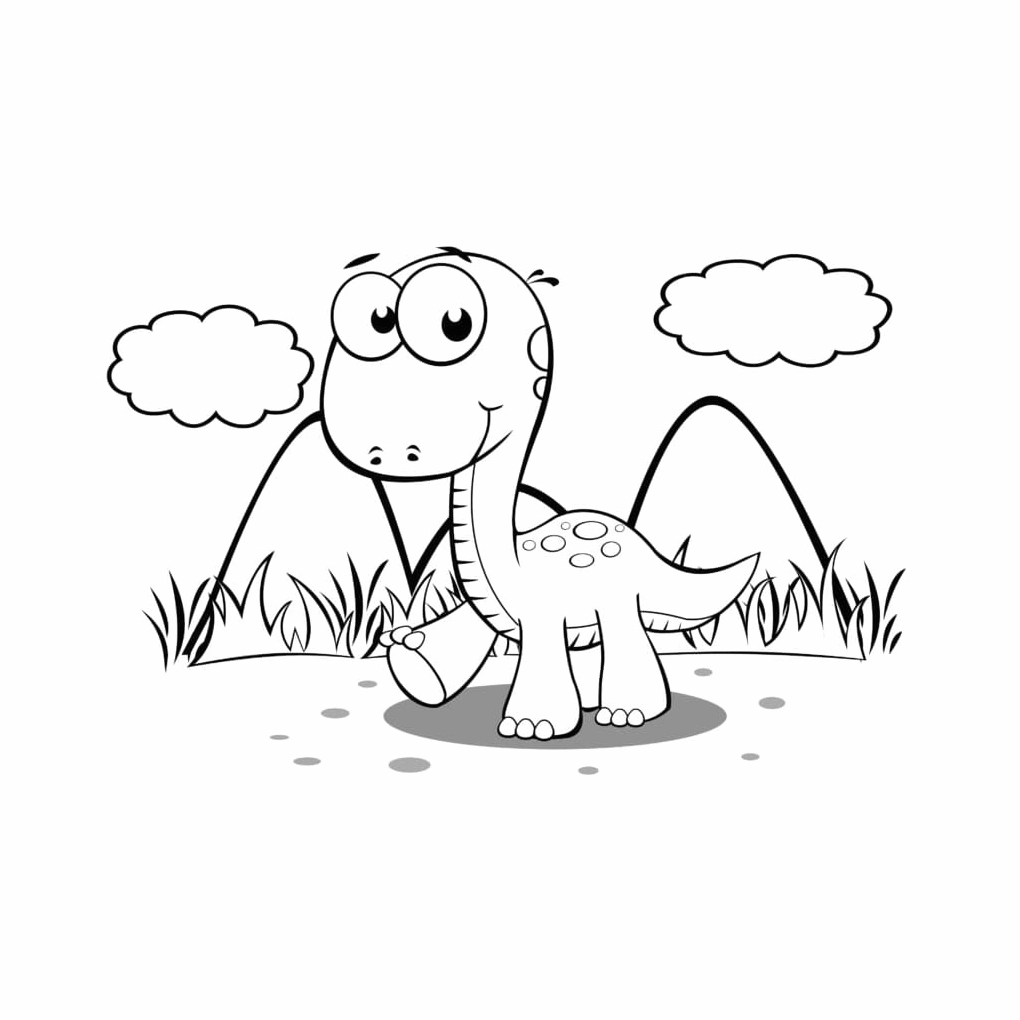 Mẫu tô màu khủng long đáng yêu nhỏ với núi và mây