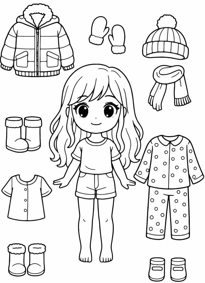 Mẫu tranh tô màu búp bê thay quần áo phong cách hiện đại