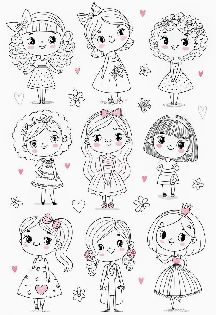 Mẫu tranh tô màu búp bê thay quần áo với các bộ váy liền thanh lịch