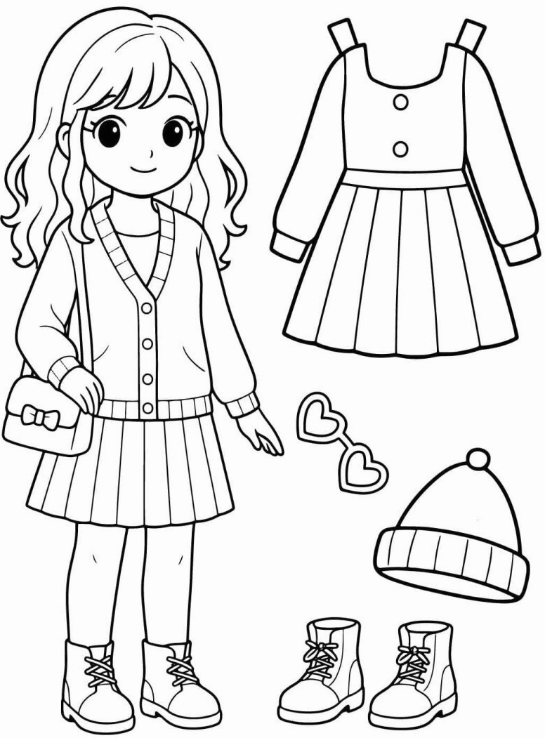 Mẫu tranh tô màu búp bê thay quần áo với váy liền và áo khoác