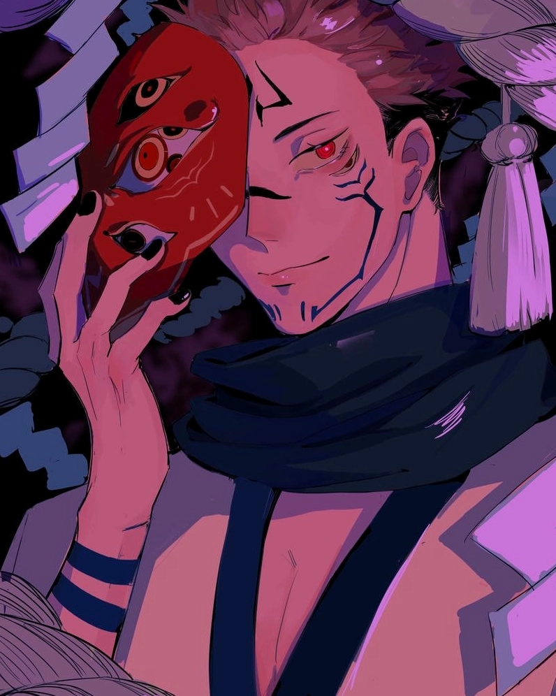 Nguyền vương Sukuna cầm chiếc mặt nạ đỏ theo phong cách cổ trang Nhật Bản