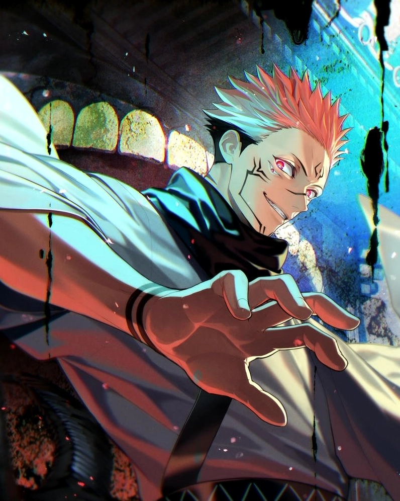 Ryomen Sukuna ngồi trên ngai xương sọ đầy quyền lực và đáng sợ