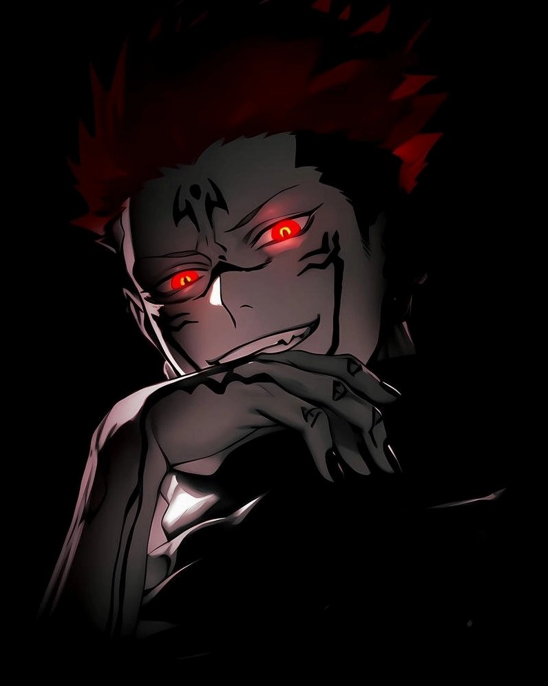 Sukuna ẩn mình trong bóng đêm với đôi mắt đỏ rực như lửa