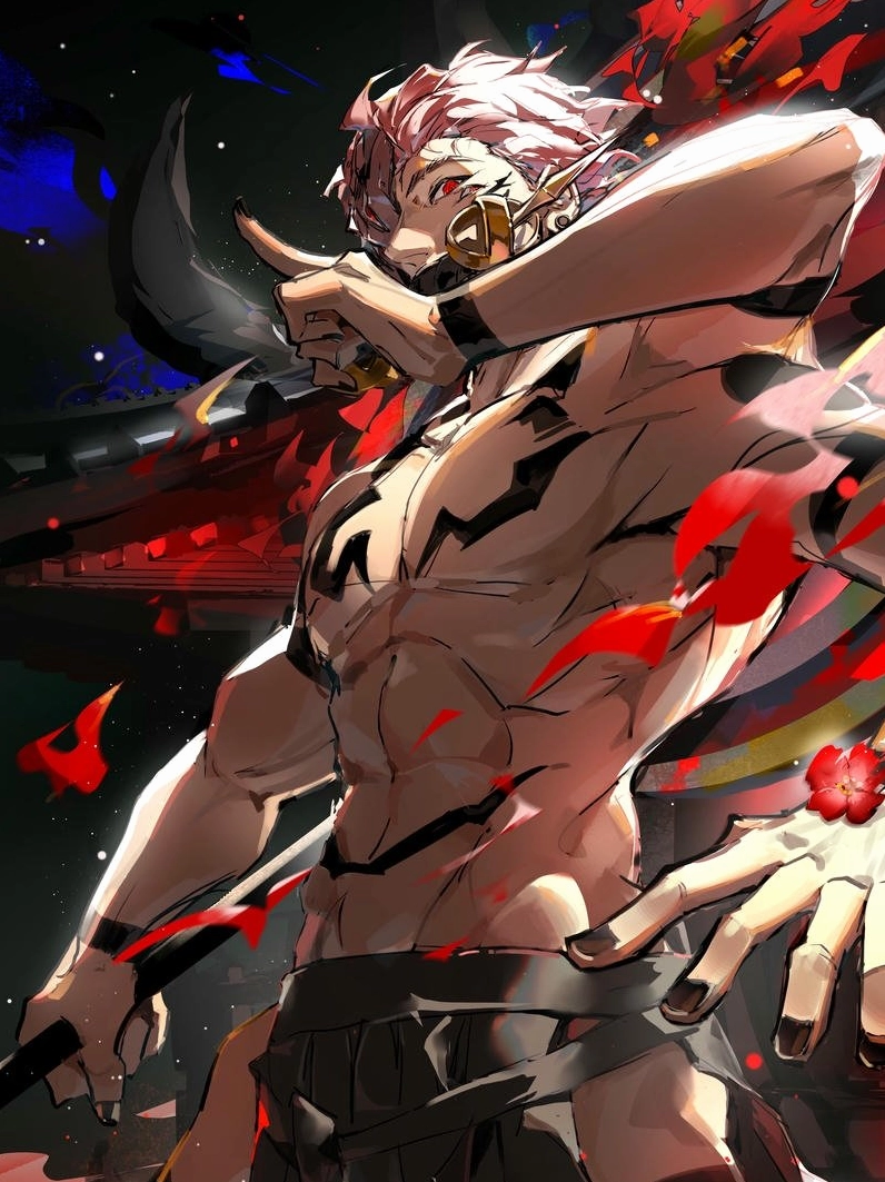 Sukuna chiến đấu ác liệt với luồng khí đỏ đen bao quanh