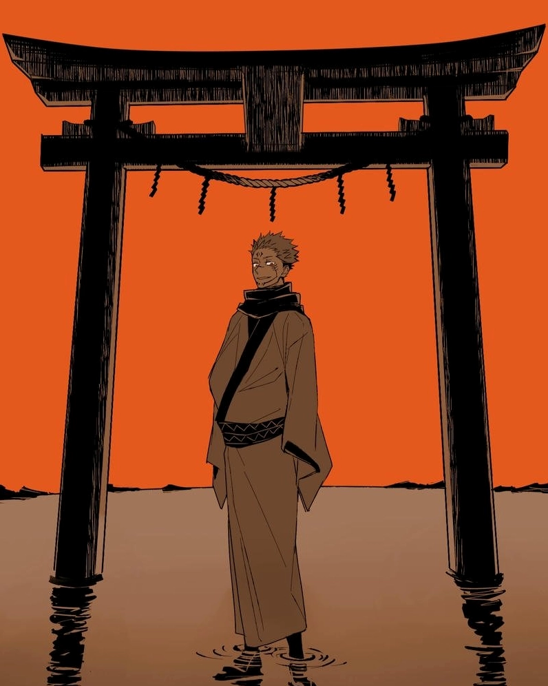 Sukuna đứng dưới cổng Torii trong ánh hoàng hôn màu cam rực rỡ