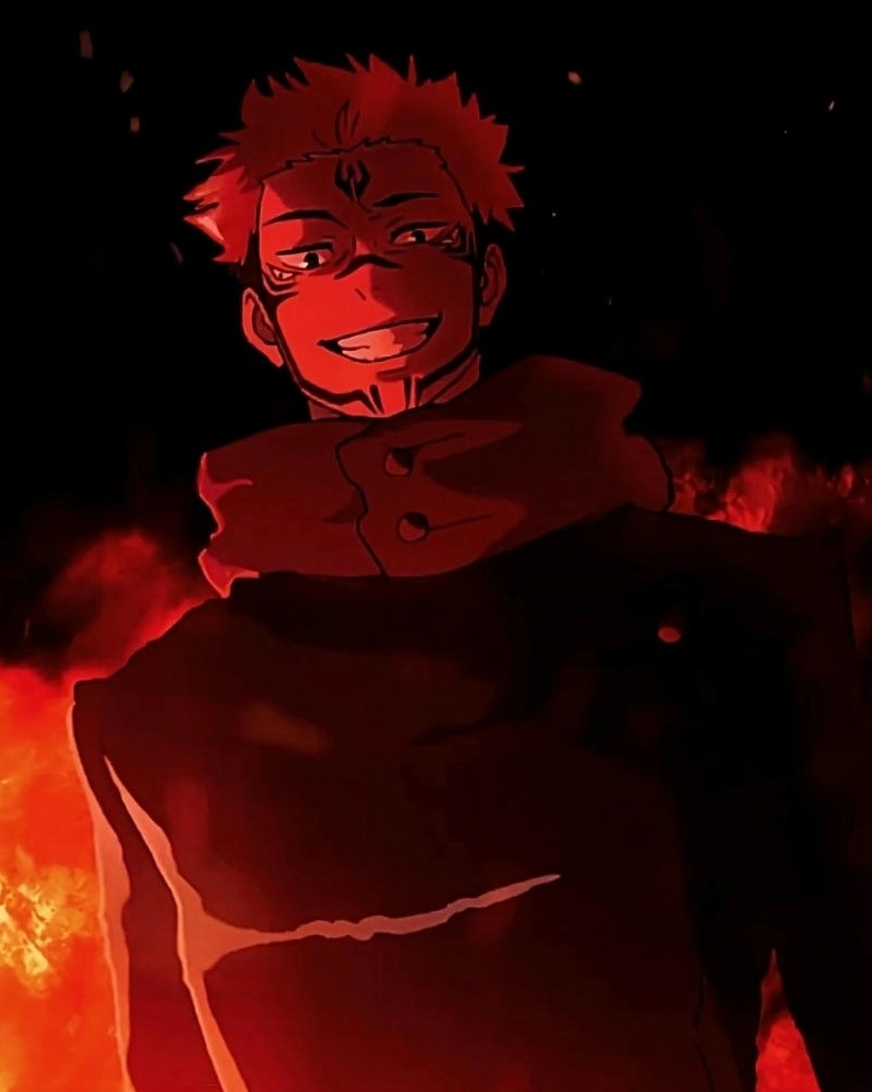 Sukuna trong bóng tối với ánh mắt đỏ rực sáng lườm cực kỳ đáng sợ