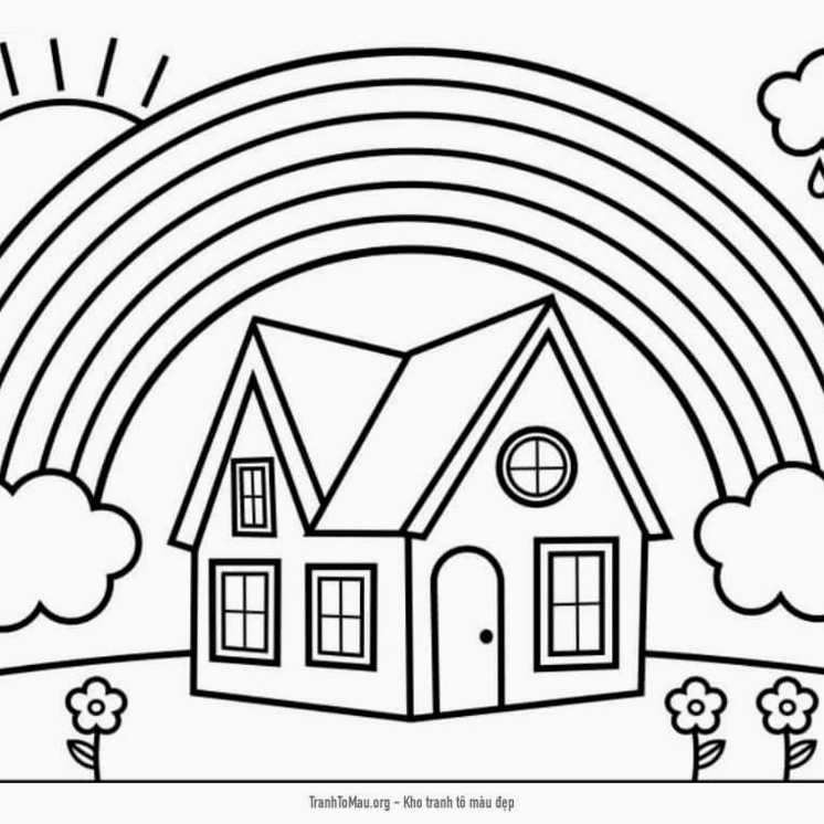 Tải tranh tô màu cầu vồng và ngôi nhà miễn phí cho bé
