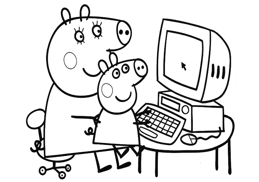 Tô màu mẹ mummy dạy peppa dùng máy tính