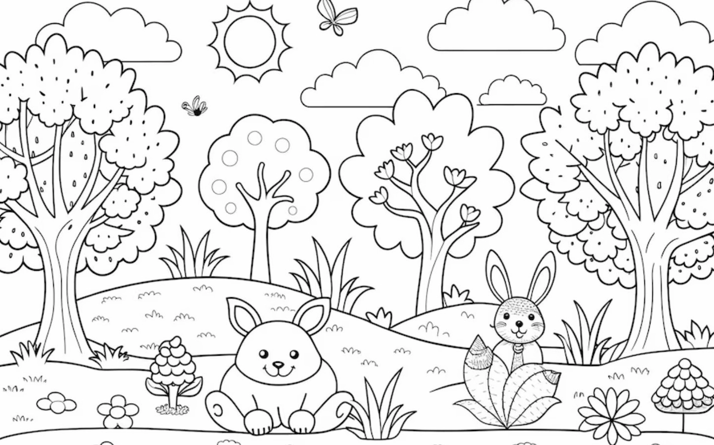 tô màu Thỏ con chơi đùa giữa rừng cây