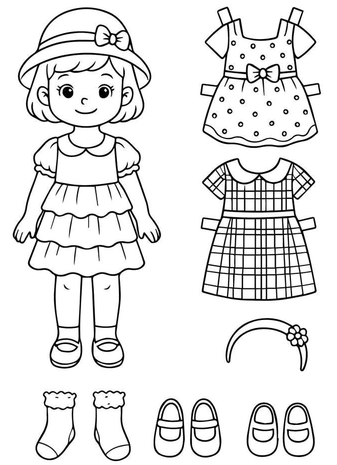 Trang in tranh tô màu búp bê thay quần áo với các mẫu váy áo dự tiệc