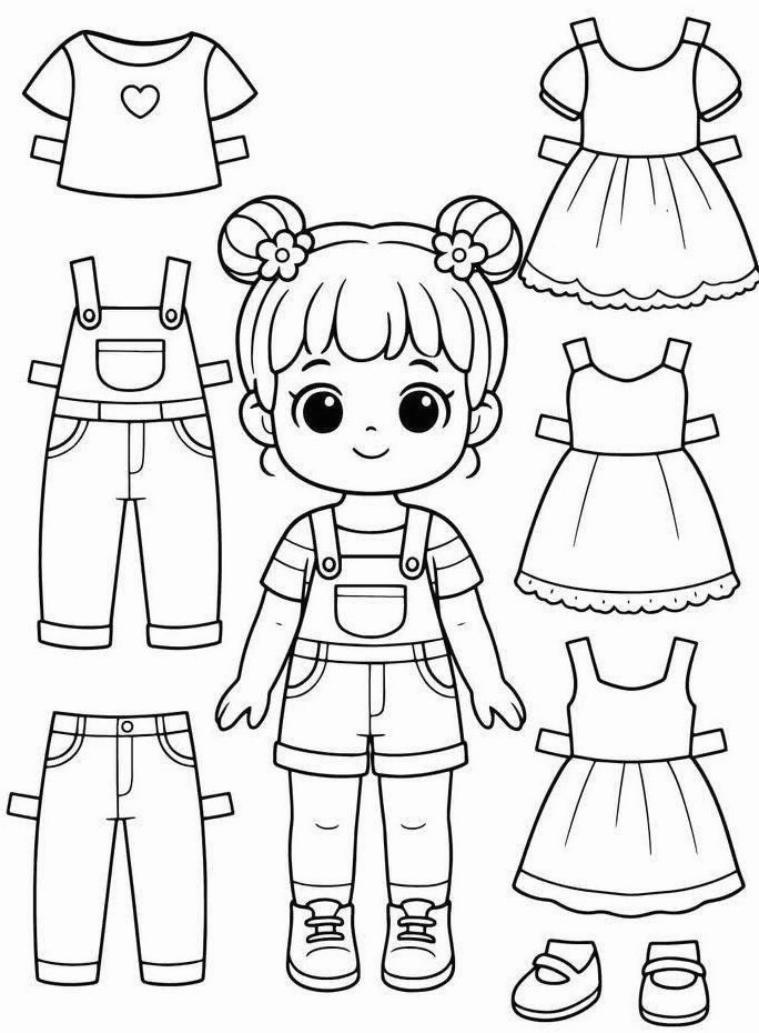 Trang in tranh tô màu búp bê thay quần áo với váy áo và phụ kiện chưa tô màu