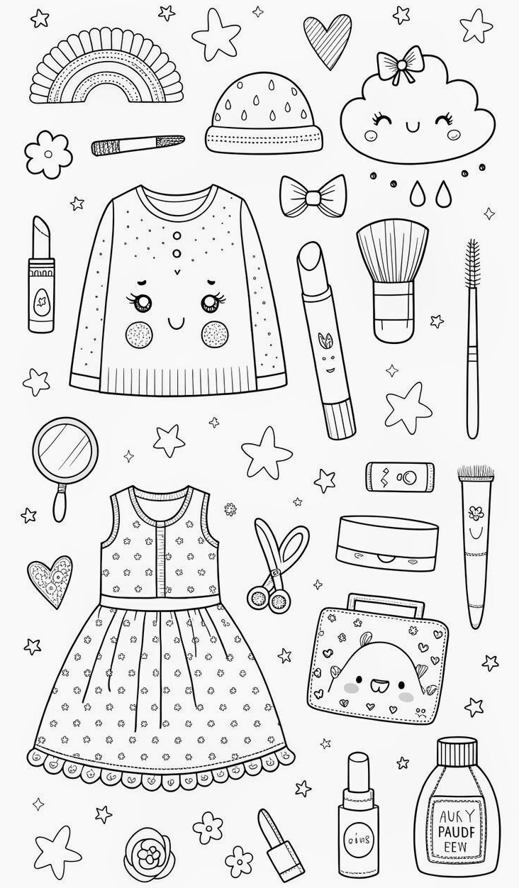 Trang in tranh tô màu búp bê thay quần áo với váy công chúa và trang phục đi học