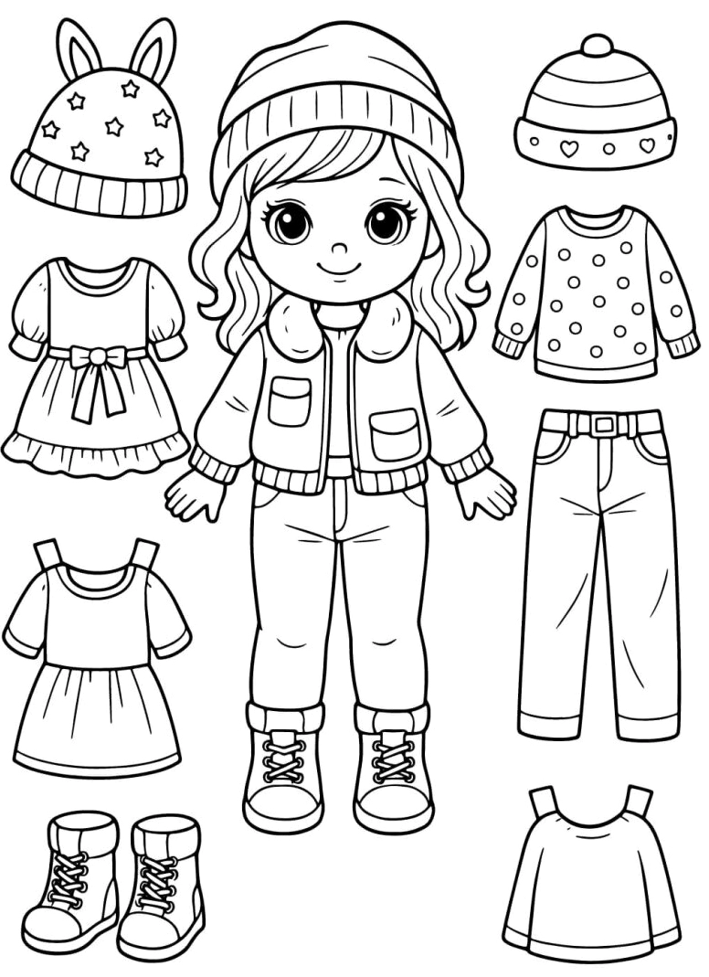 Trang in tranh tô màu búp bê thay quần áo với váy lộng lẫy và phụ kiện