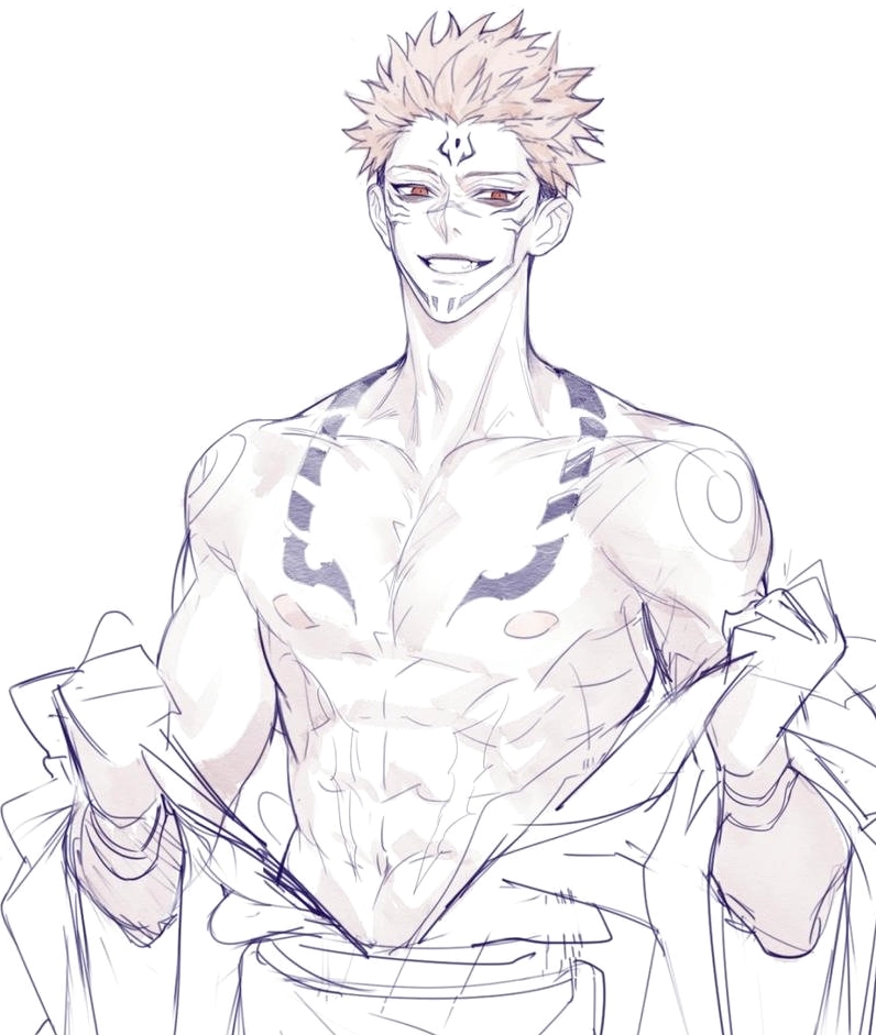 Tranh nét vẽ Sukuna cởi trần cơ bắp cuồn cuộn mạnh mẽ đầy nam tính