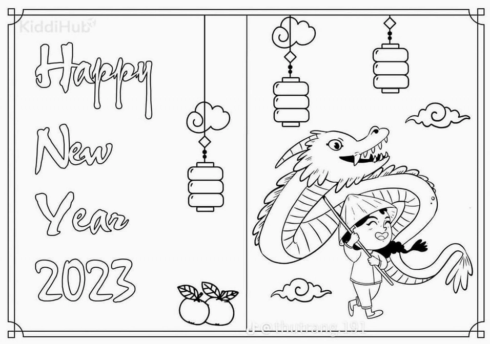 tranh tô màu bé chúc tết ông bà cùng những nét vẽ đơn giản