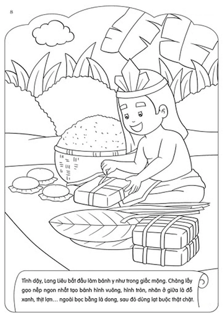 tranh tô màu bé chúc tết ông bà và cùng gói bánh chưng xanh