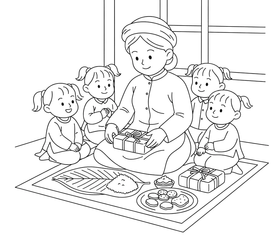 tranh tô màu bé chúc tết ông bà và háo hức xem gói bánh chưng