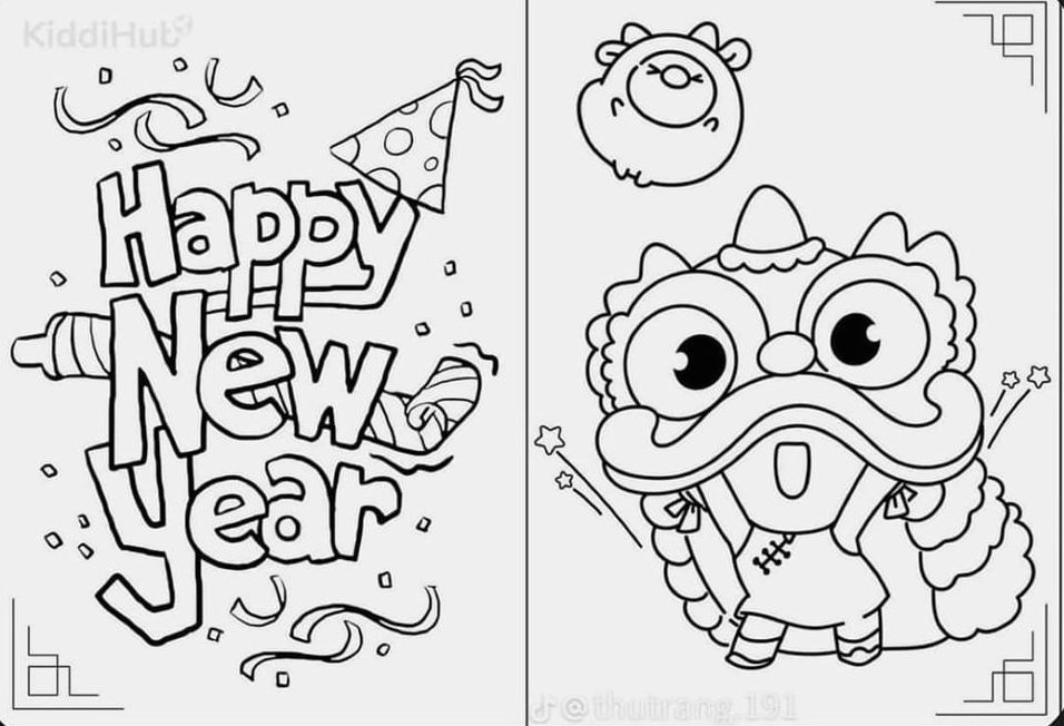 tranh tô màu bé chúc tết ông bà với họa tiết hoa văn truyền thống