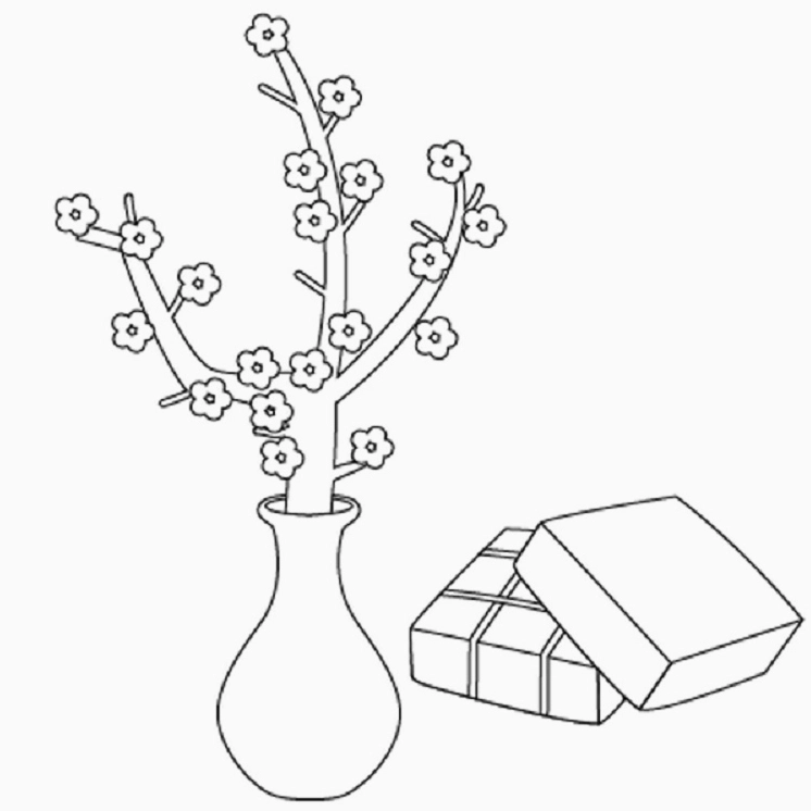 tranh tô màu bé chúc tết ông bà với mâm cỗ có bánh chưng và hoa cúc