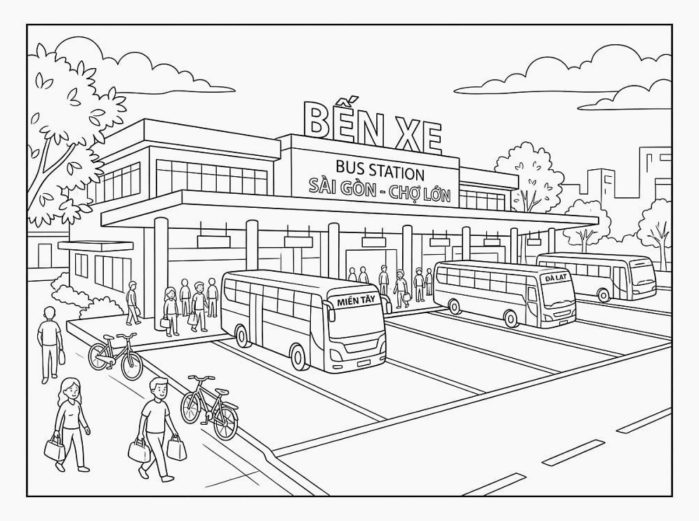 Tranh tô màu bến xe nhộn nhịp đông đúc