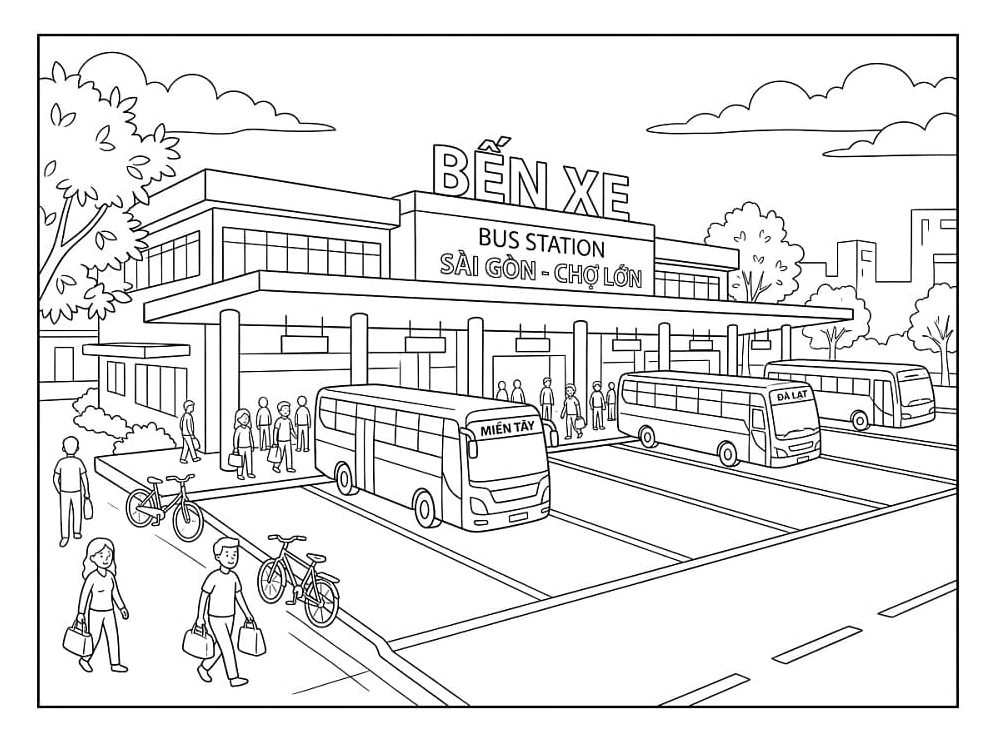 Tranh tô màu bến xe Sài Gòn Chợ Lớn tấp nập