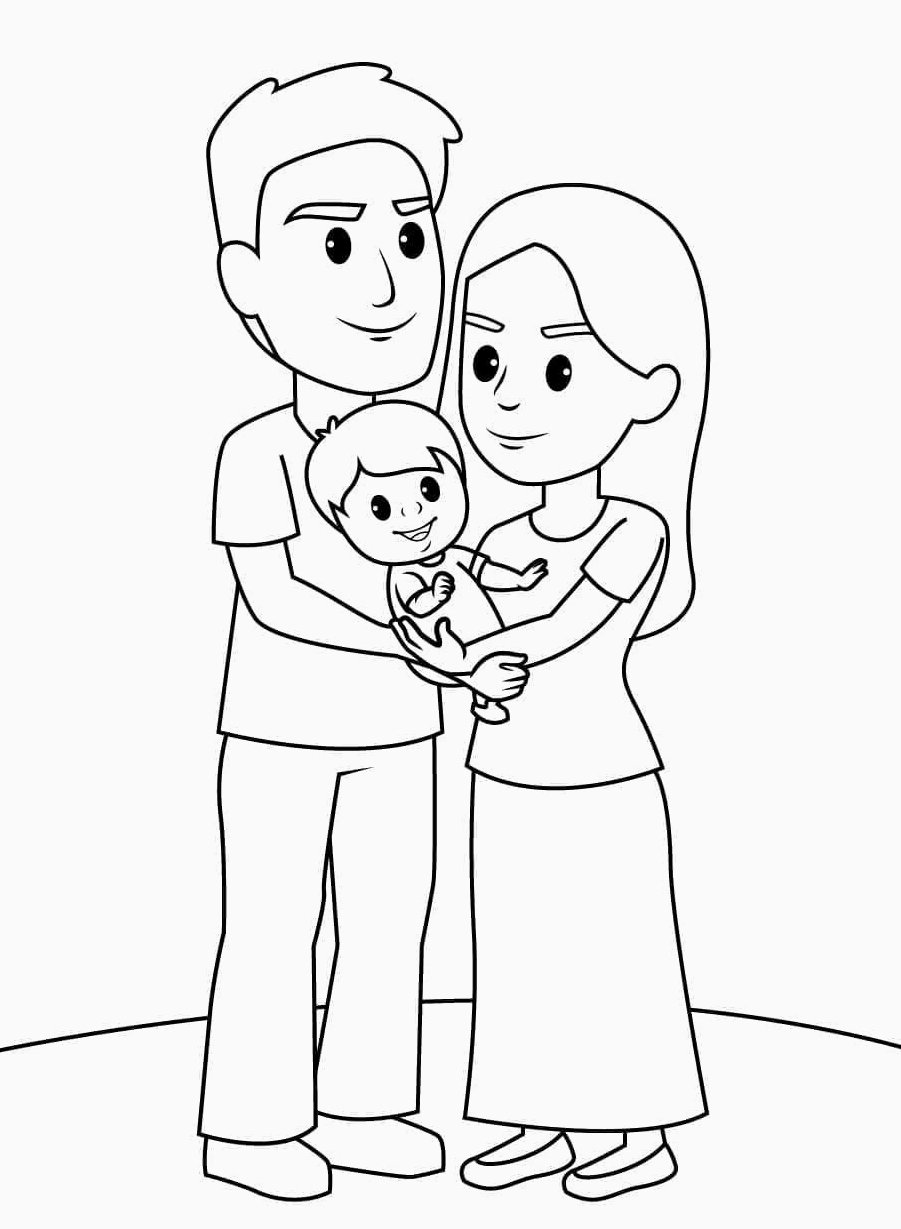 Tranh tô màu bố mẹ bế bé ngập tràn hạnh phúc