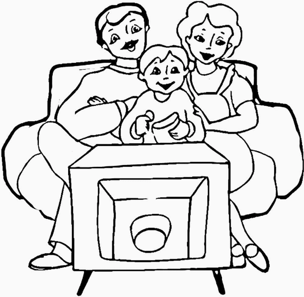 Tranh tô màu bố mẹ cùng con xem tivi buổi tối