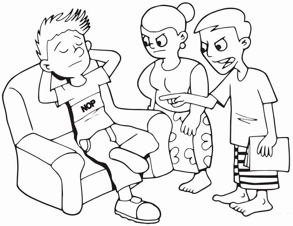 Tranh tô màu bố mẹ tức giận nhắc nhở bé ngoan
