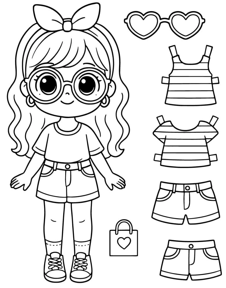 Tranh tô màu búp bê thay quần áo với bộ sưu tập trang phục thường ngày và phụ kiện