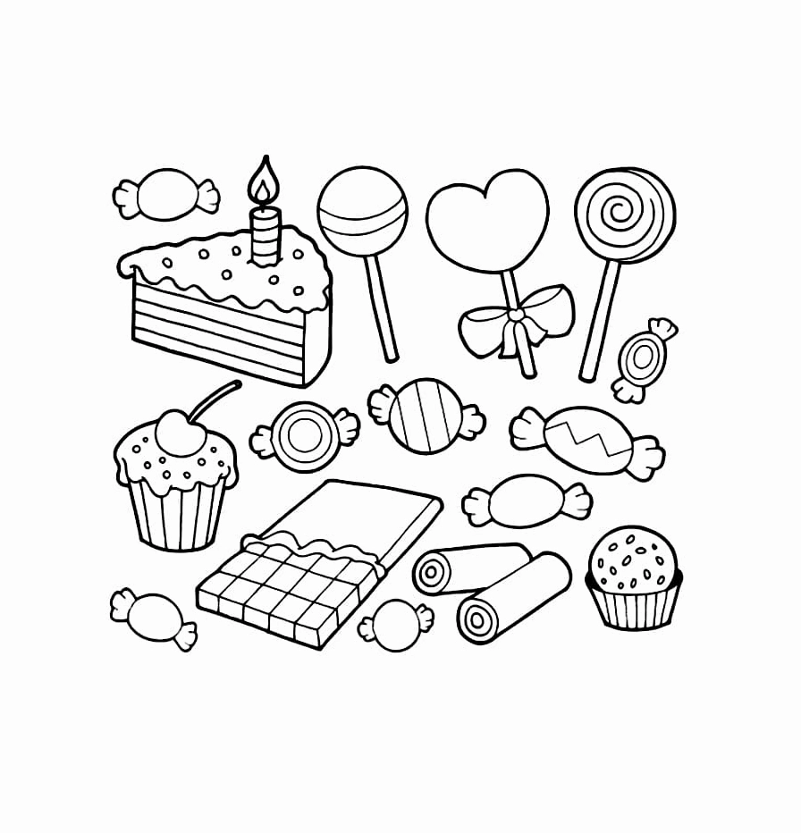 Tranh tô màu các loại bánh kẹo đa dạng phong phú cho bé tập tô